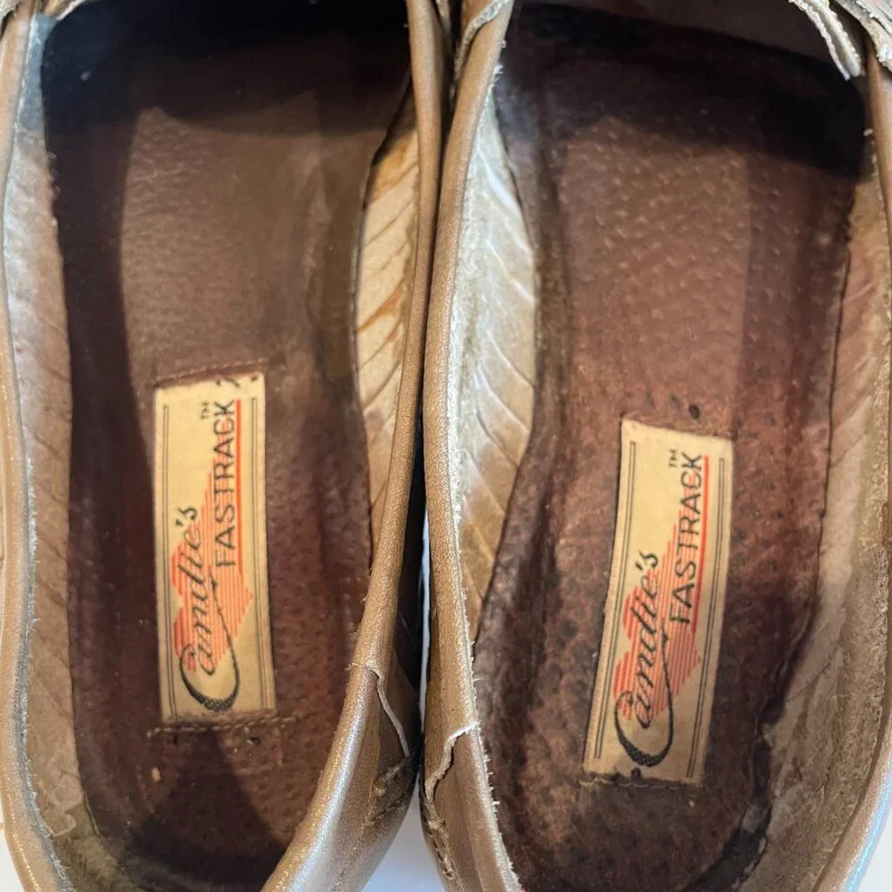Vintage Candie’s Fastrack Pewter Olive Green Leather Chunky Loafers – Size 7M
